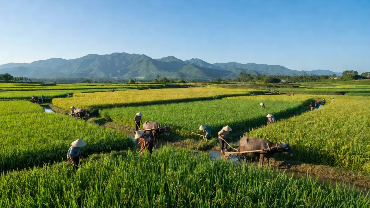 Khung cảnh xã Ea Bung, huyện Ea Súp, tỉnh Đắk Lắk với đồng ruộng và núi non đẹp.
