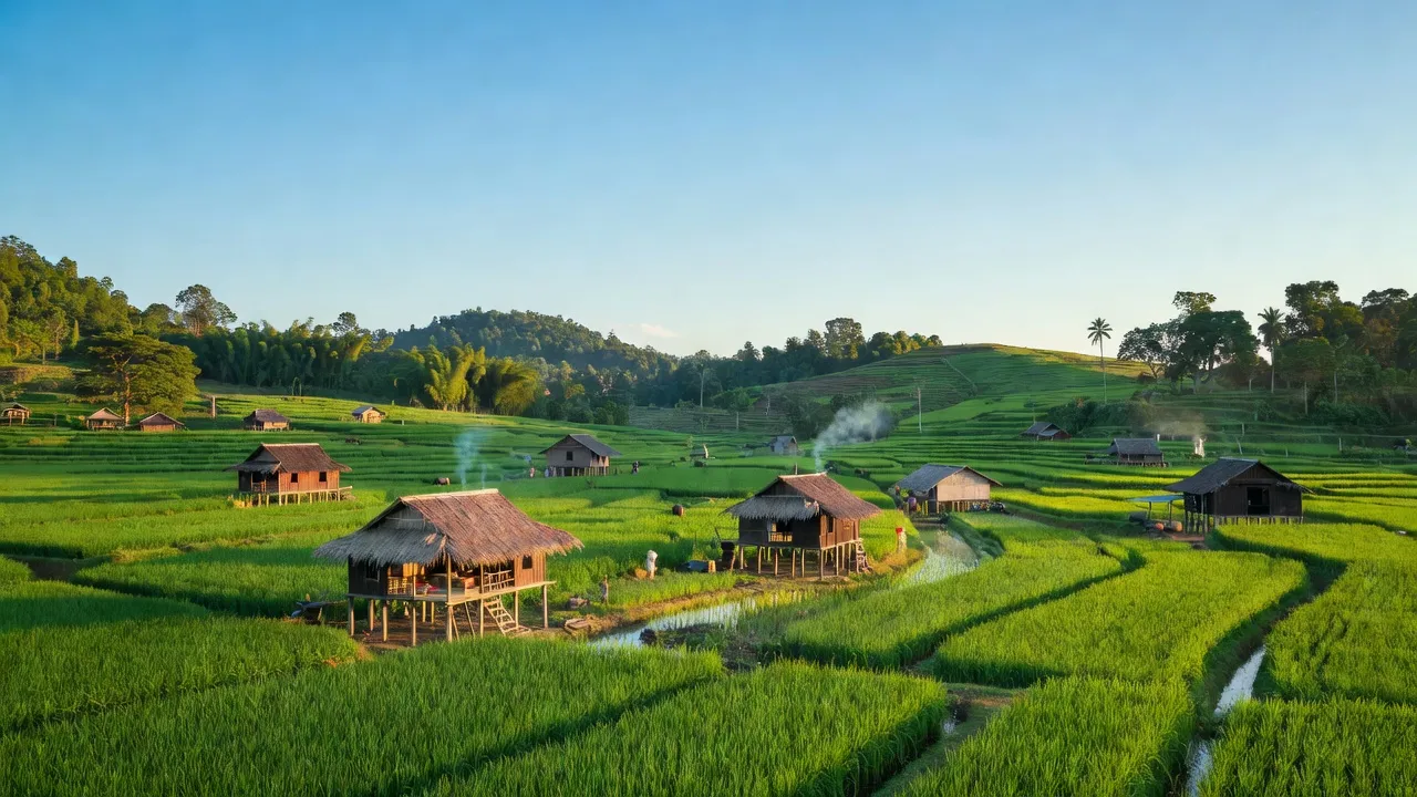 Khung cảnh xã Ea Lê, huyện Ea Súp, Đắk Lắk với cánh đồng xanh và nhà truyền thống.