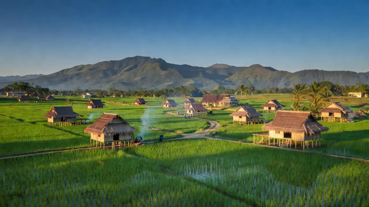 Quang cảnh quê hương Ea Rốk, huyện Ea Súp, tỉnh Đắk Lắk với cánh đồng xanh và nhà truyền thống.