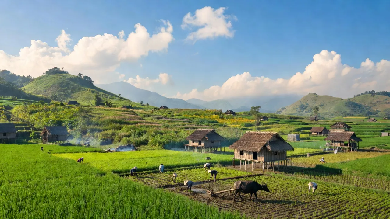 Cảnh đẹp xã Ia JLơi, huyện Ea Súp, Đắk Lắk với cánh đồng xanh và hoạt động nông nghiệp.