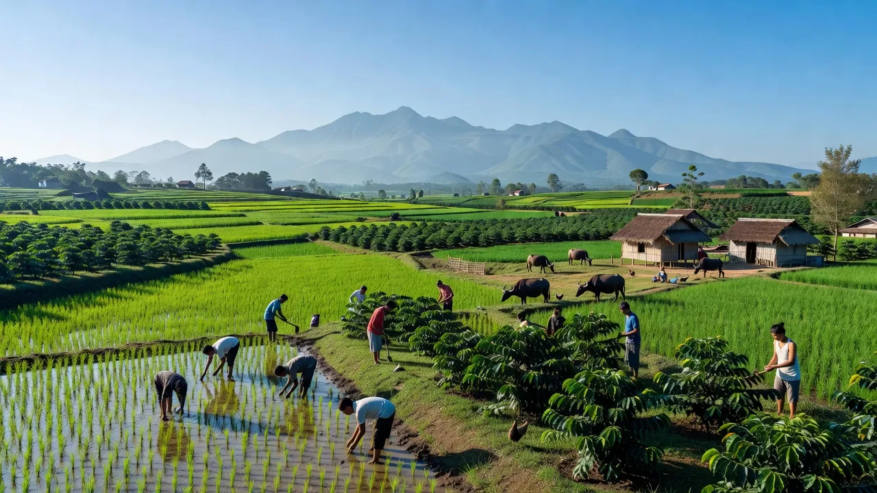 Khung cảnh nông thôn Ia JLơi, Ea Súp, Đắk Lắk với cánh đồng xanh và người dân làm nông.