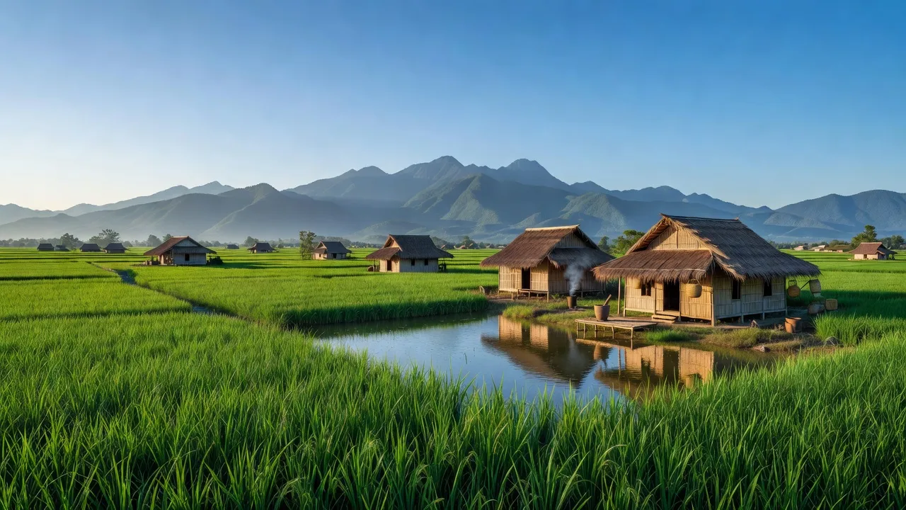 Khung cảnh bình yên của xã Ia Rvê, huyện Ea Súp, tỉnh Đắk Lắk với cánh đồng xanh tươi.