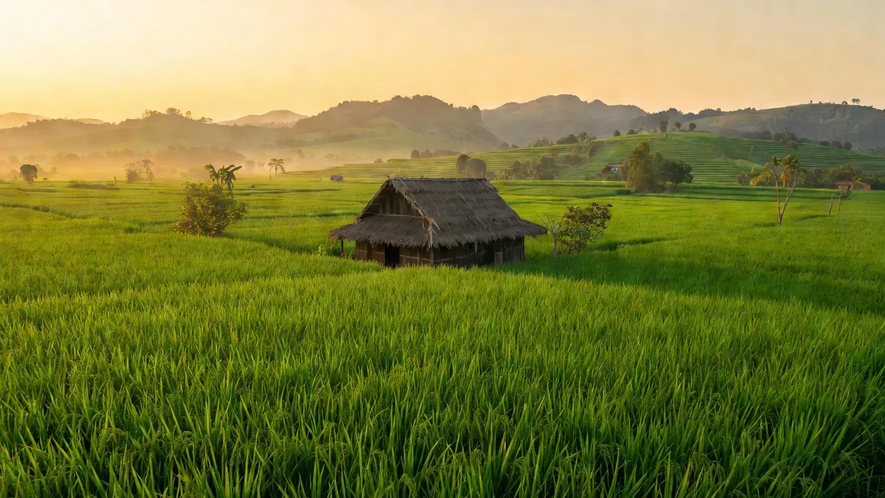 Cảnh nông thôn xã Ya Tờ Mốt, huyện Ea Súp, Đắk Lắk với cánh đồng xanh tươi và nhà truyền thống.