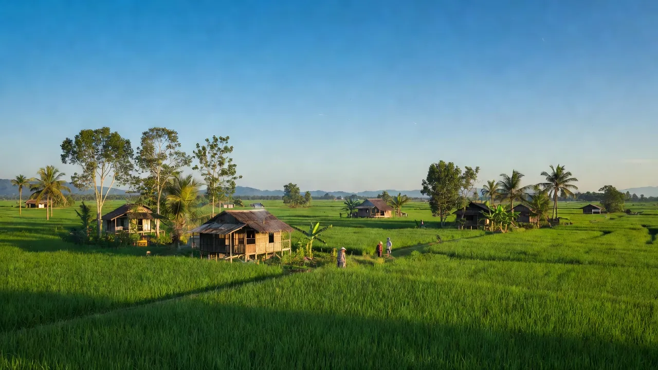 Cảnh quan nông thôn xã Ya Tờ Mốt, huyện Ea Súp, Đắk Lắk với cánh đồng xanh và nhà dân.