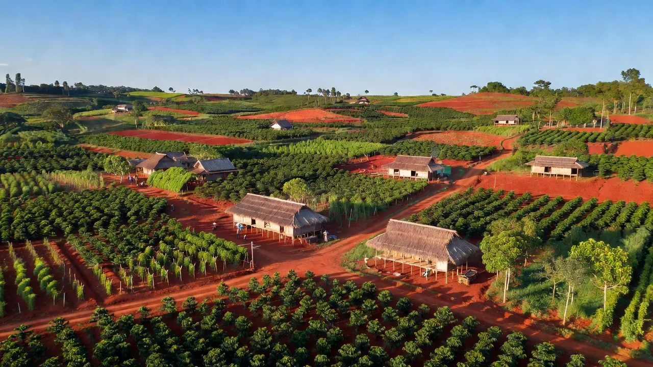 Khung cảnh huyện Krông A Na, Đắk Lắk với cánh đồng xanh mướt và đất đỏ bazan.