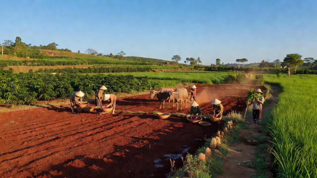 Khung cảnh huyện Krông A Na, Đắk Lắk với ruộng đồng xanh và đất đỏ bazan.