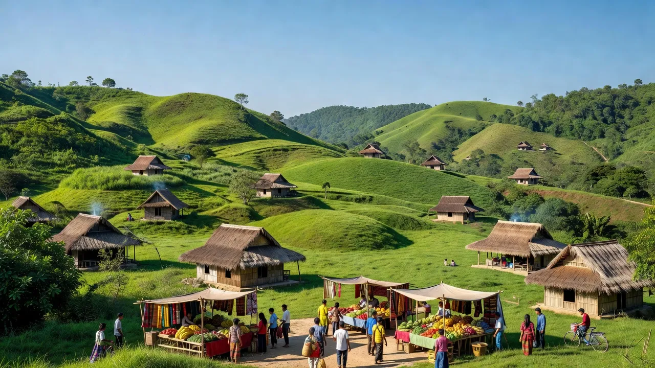 Cảnh đẹp Băng A Drênh, huyện Krông Ana, tỉnh Đắk Lắk với đồi xanh và nhà truyền thống.