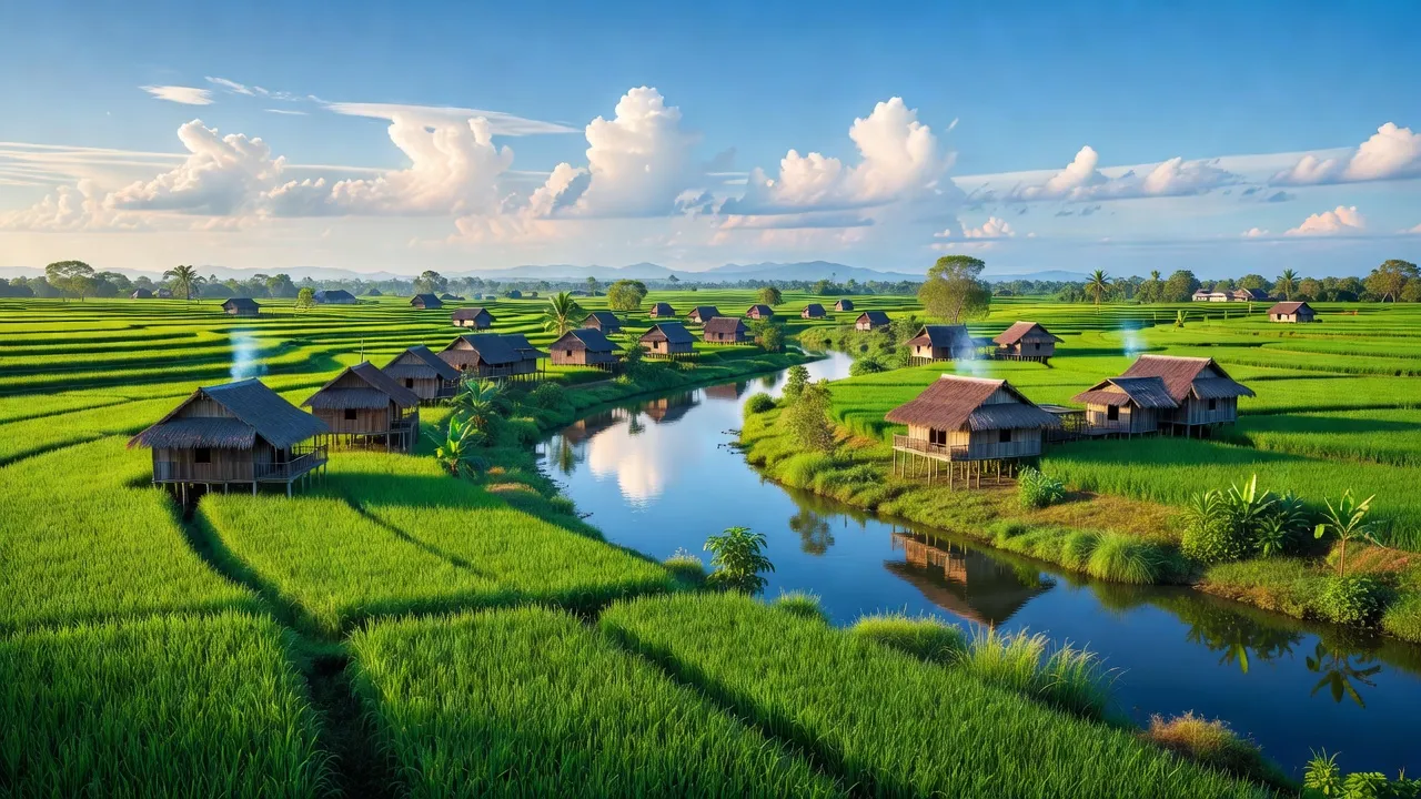 Cảnh quan nông thôn xã Bình Hòa, huyện Krông Ana, tỉnh Đắk Lắk, với đồng lúa và sông Krông Ana.