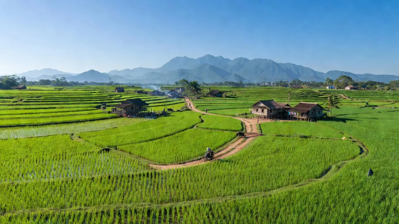 Vùng quê Bình Hòa, huyện Krông Ana, Đắk Lắk với cánh đồng xanh và bầu trời trong xanh.