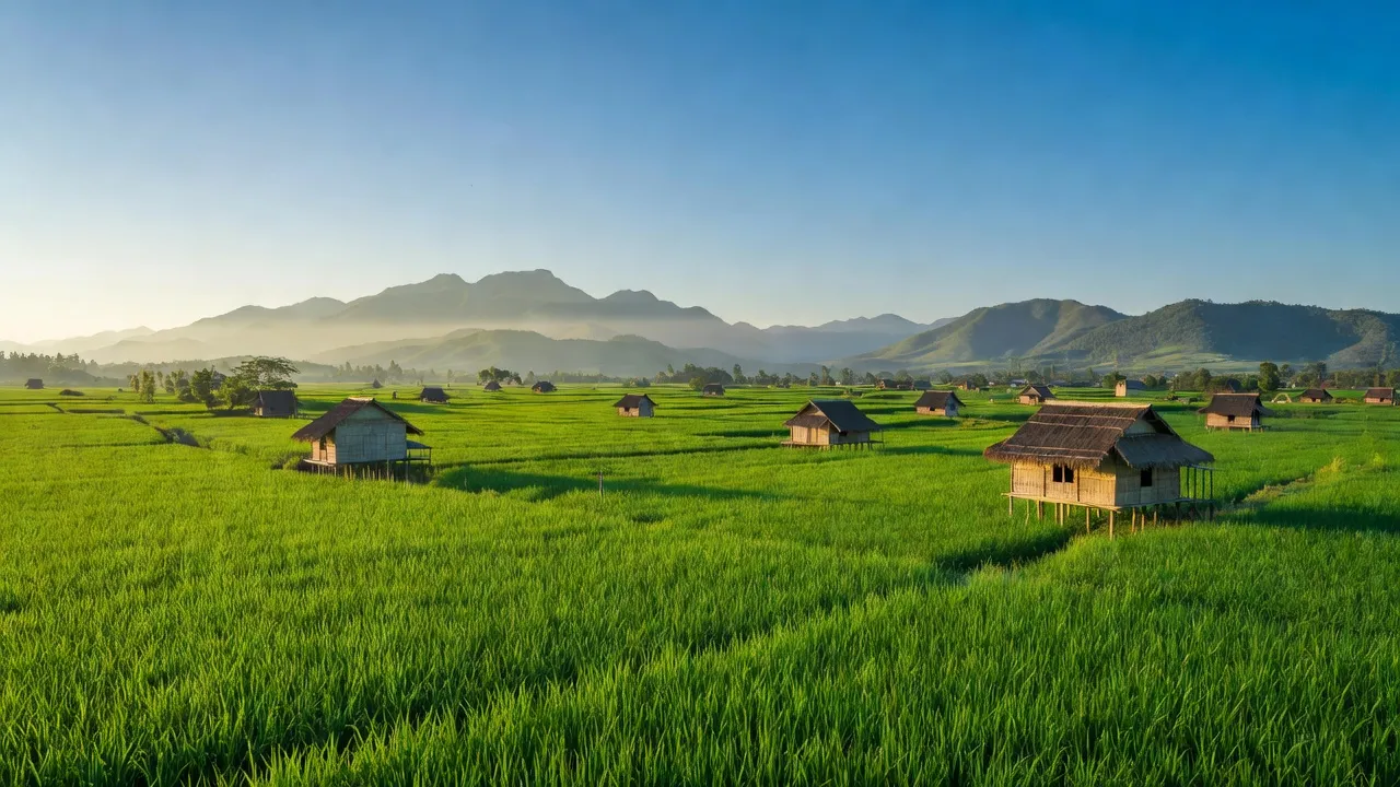 Khung cảnh bình dị xã Dur KMăl, huyện Krông A Na, Đắk Lắk với đồng cỏ xanh và nhà sàn.