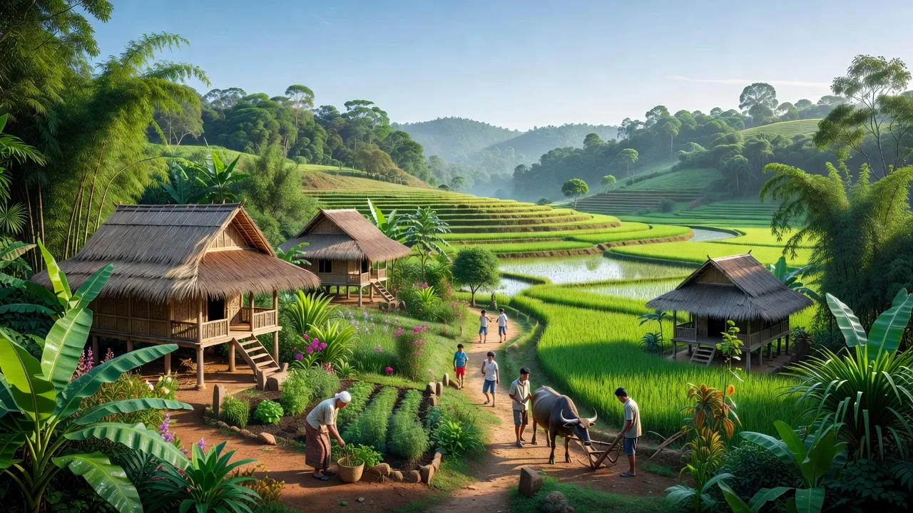 Khung cảnh yên bình tại xã Dur KMăl, huyện Krông A Na, tỉnh Đắk Lắk với nhà truyền thống.