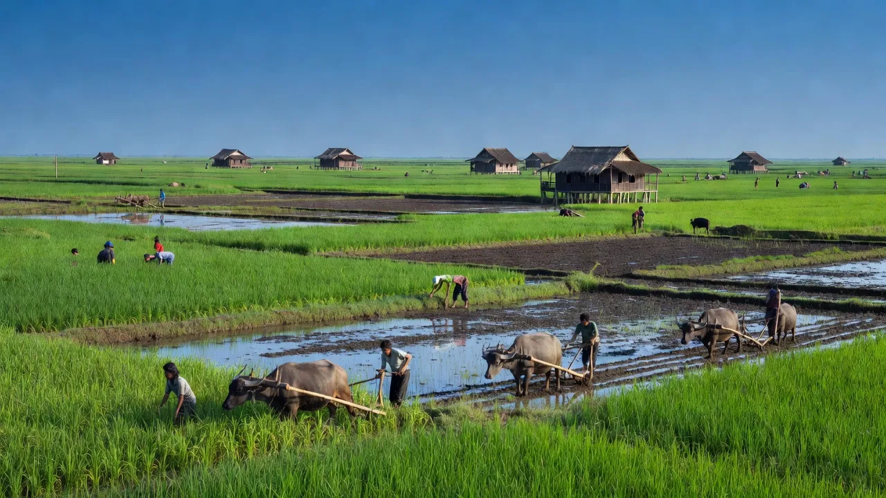 Khung cảnh xã Ea Bông, huyện Krông Ana, Đắk Lắk với cánh đồng xanh và khu vực than bùn.
