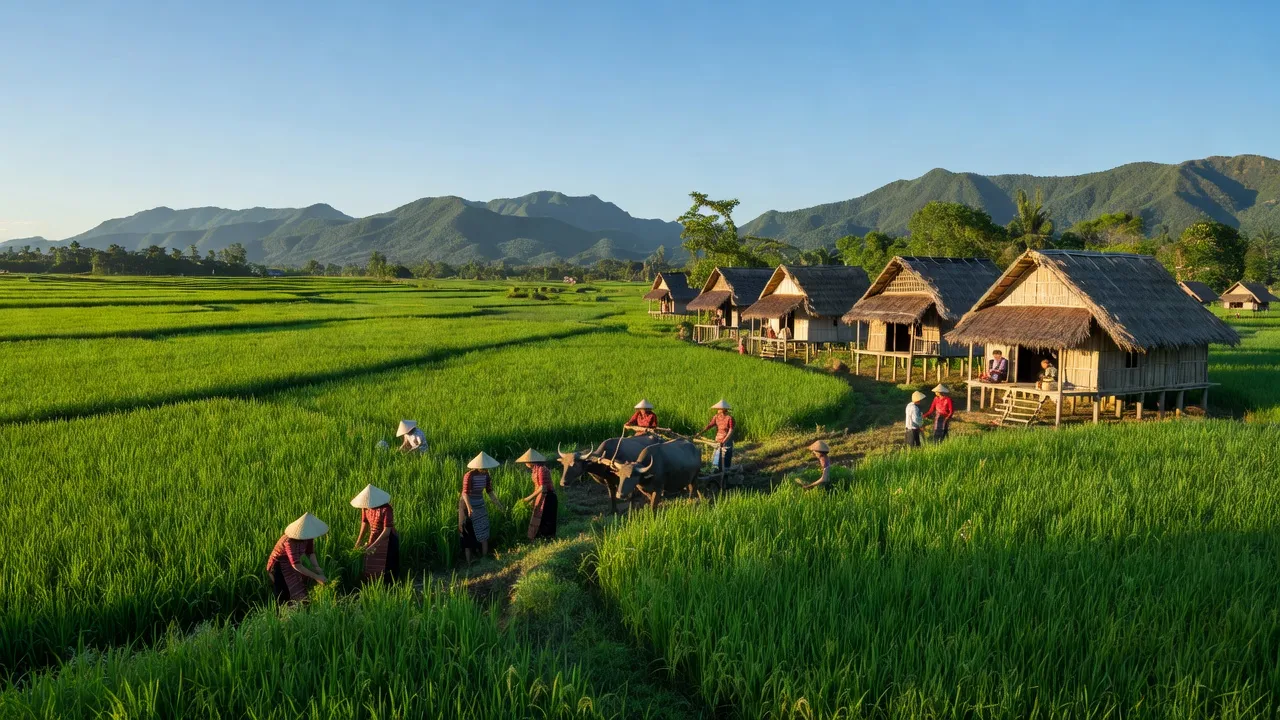 Phong cảnh đẹp của xã Ea Na, huyện Krông Ana, tỉnh Đắk Lắk với đồng xanh và núi.