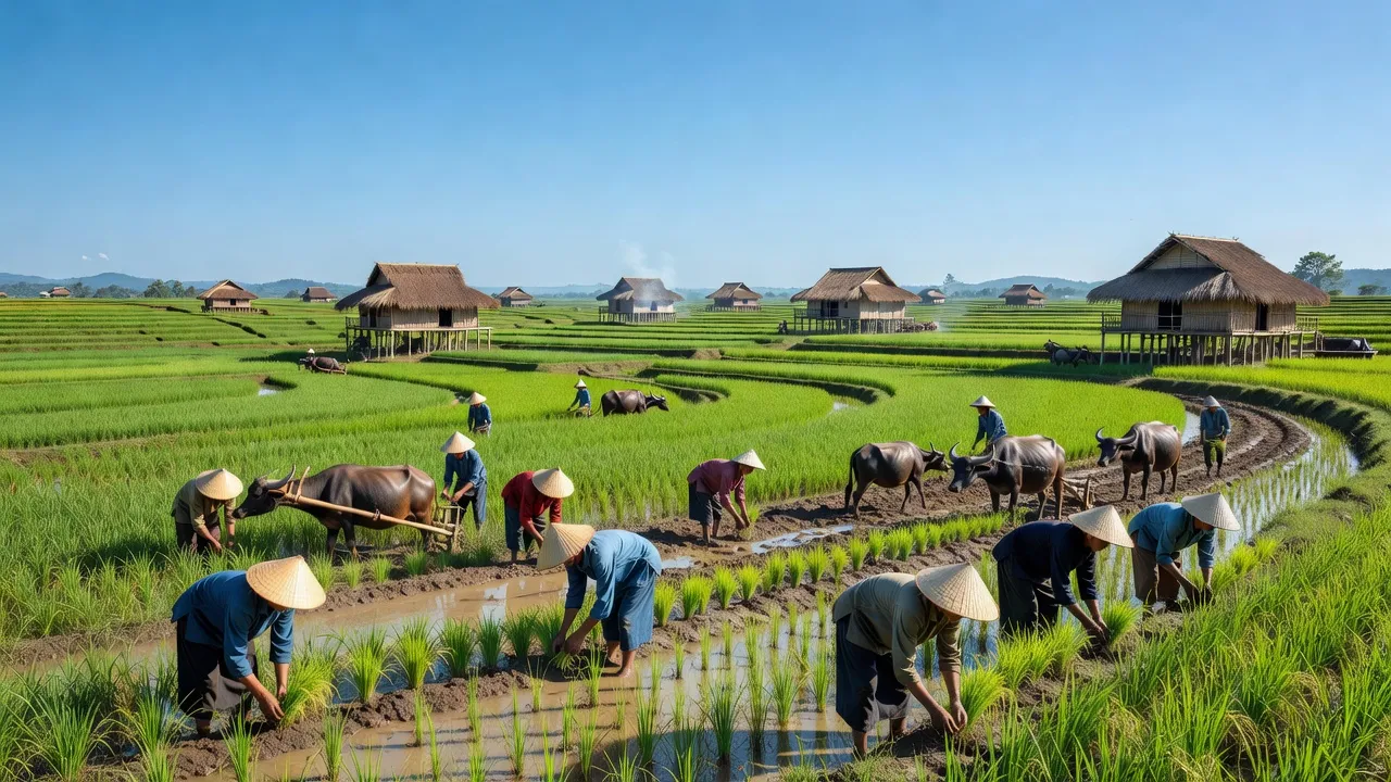 Khung cảnh xã Quảng Điền, huyện Krông A Na, Đắk Lắk với ruộng lúa xanh và nhà truyền thống.