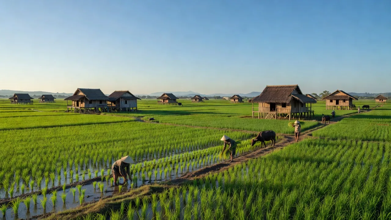 Khung cảnh yên bình của xã Quảng Điền, huyện Krông A Na, tỉnh Đắk Lắk, với đồng ruộng xanh tươi.