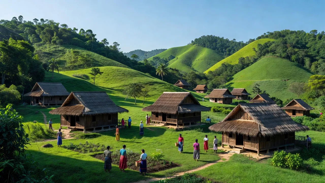 Cảnh đẹp xã Cư Drăm huyện Krông Bông Đắk Lắk, đồi núi xanh và văn hóa dân tộc thiểu số.