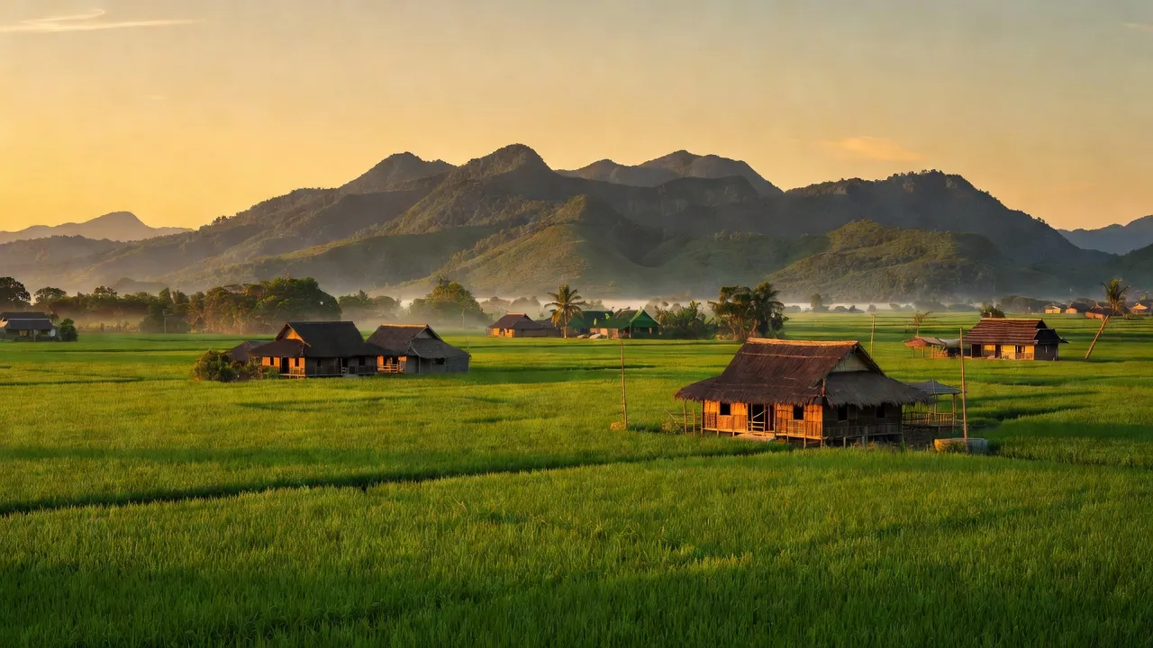 Phong cảnh Cư KTy, huyện Krông Bông, Đắk Lắk với núi non, đồng ruộng và không khí bình yên.