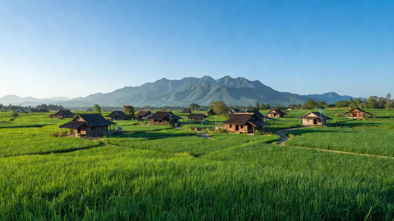 Khung cảnh yên bình xã Cư Pui huyện Krông Bông, Đắk Lắk với đồng xanh và núi xa.