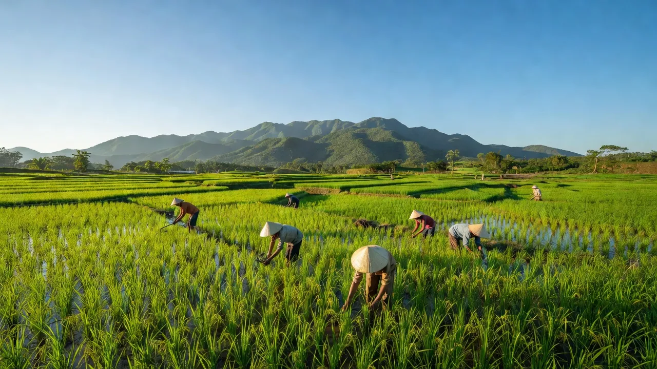 Cảnh đẹp xã Dang Kang, huyện Krông Bông, Đắk Lắk với ruộng lúa xanh và nông dân làm việc.