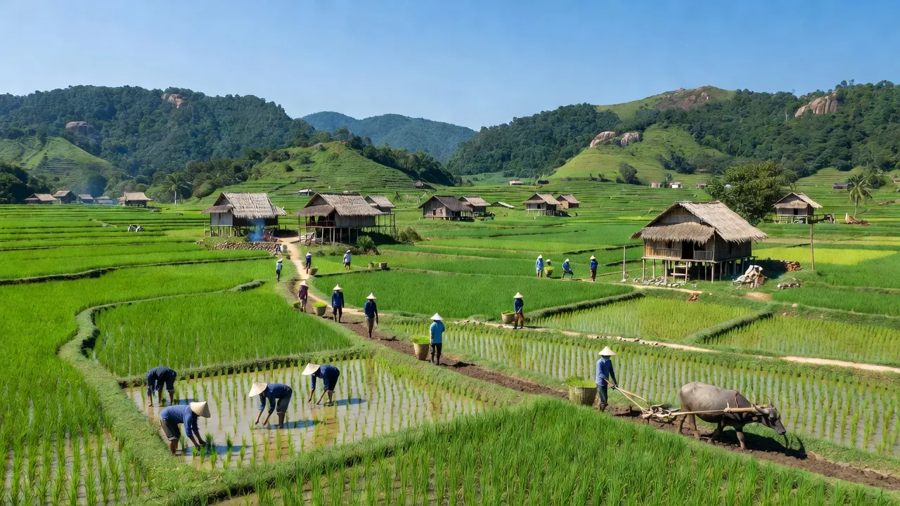 Cảnh quan xã Dang Kang, huyện Krông Bông, Đắk Lắk với đồng ruộng xanh tươi và nhà truyền thống.
