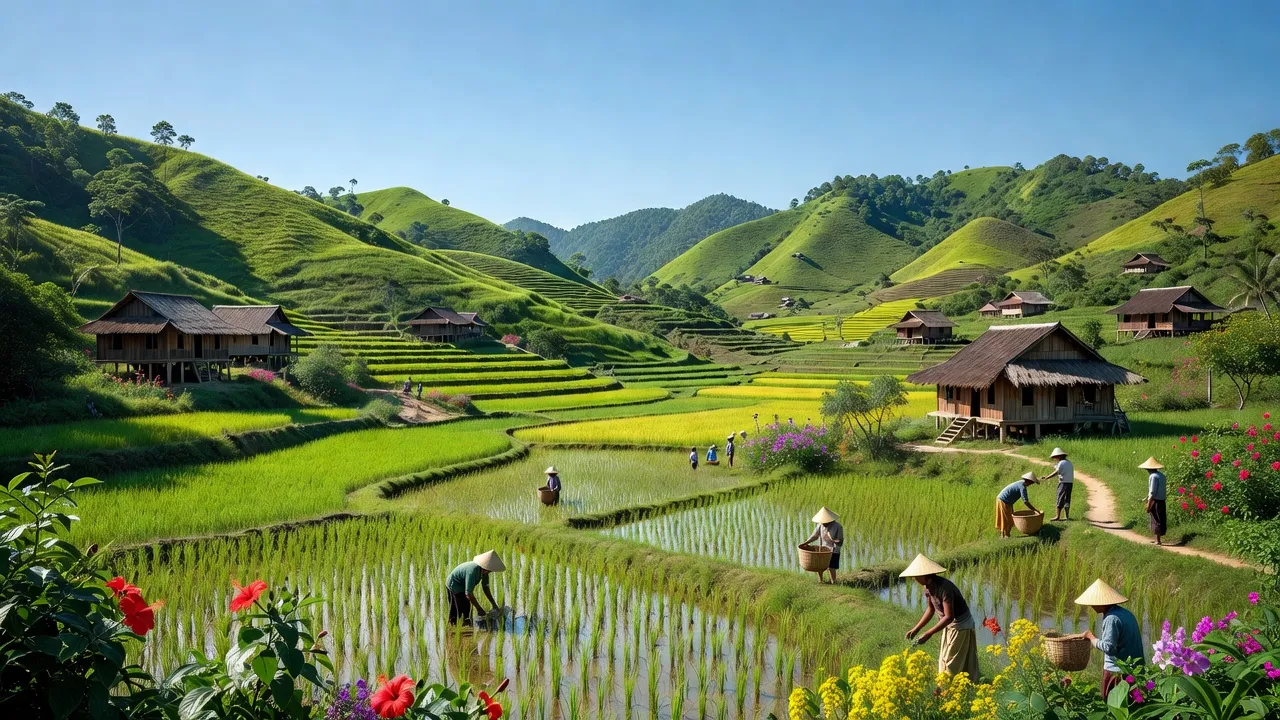 Cảnh quan Ea Trul, Krông Bông, Đắk Lắk với đồi núi xanh tươi, cánh đồng và nhà sàn truyền thống.