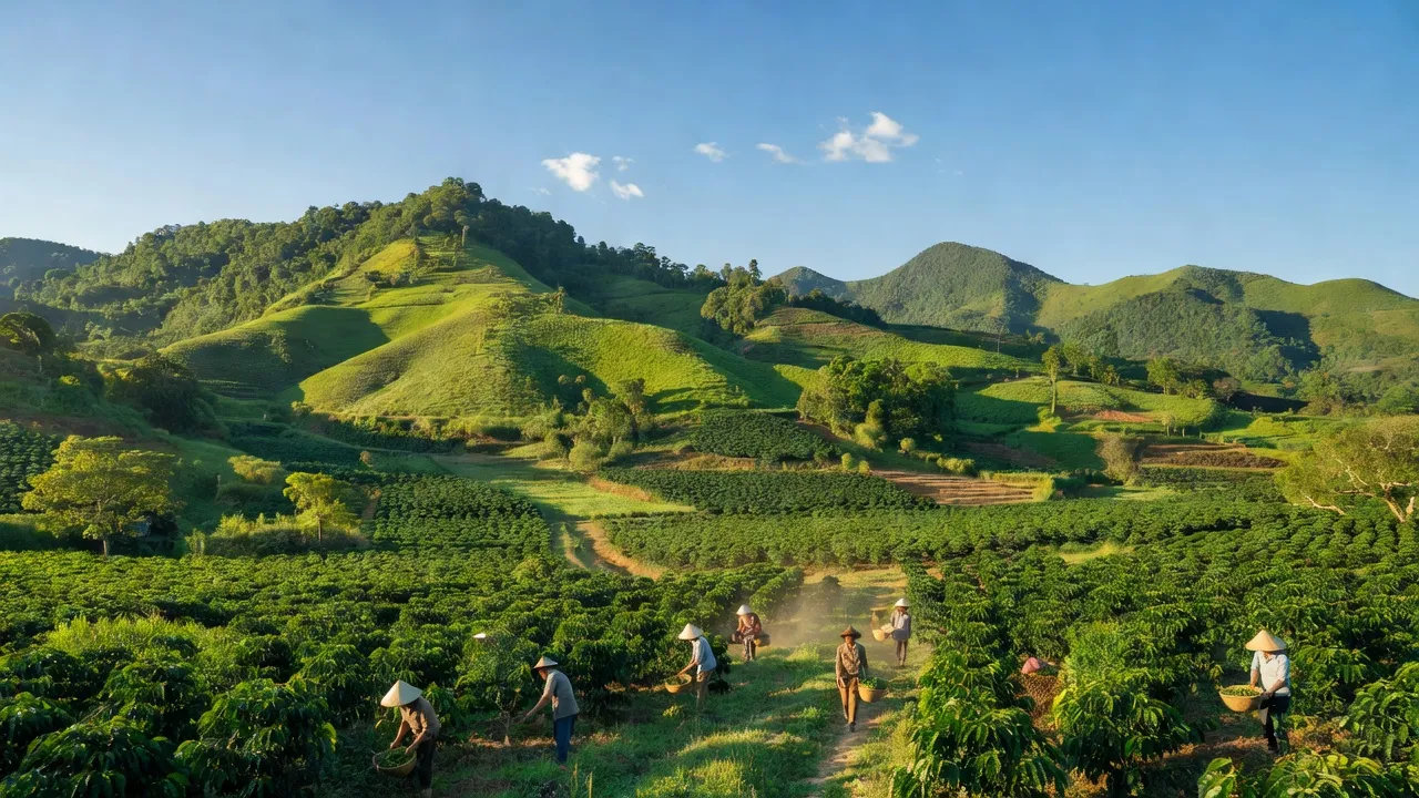 Khung cảnh Xã Ea Trul, huyện Krông Bông, đồi núi và cánh đồng nông nghiệp xanh tươi.