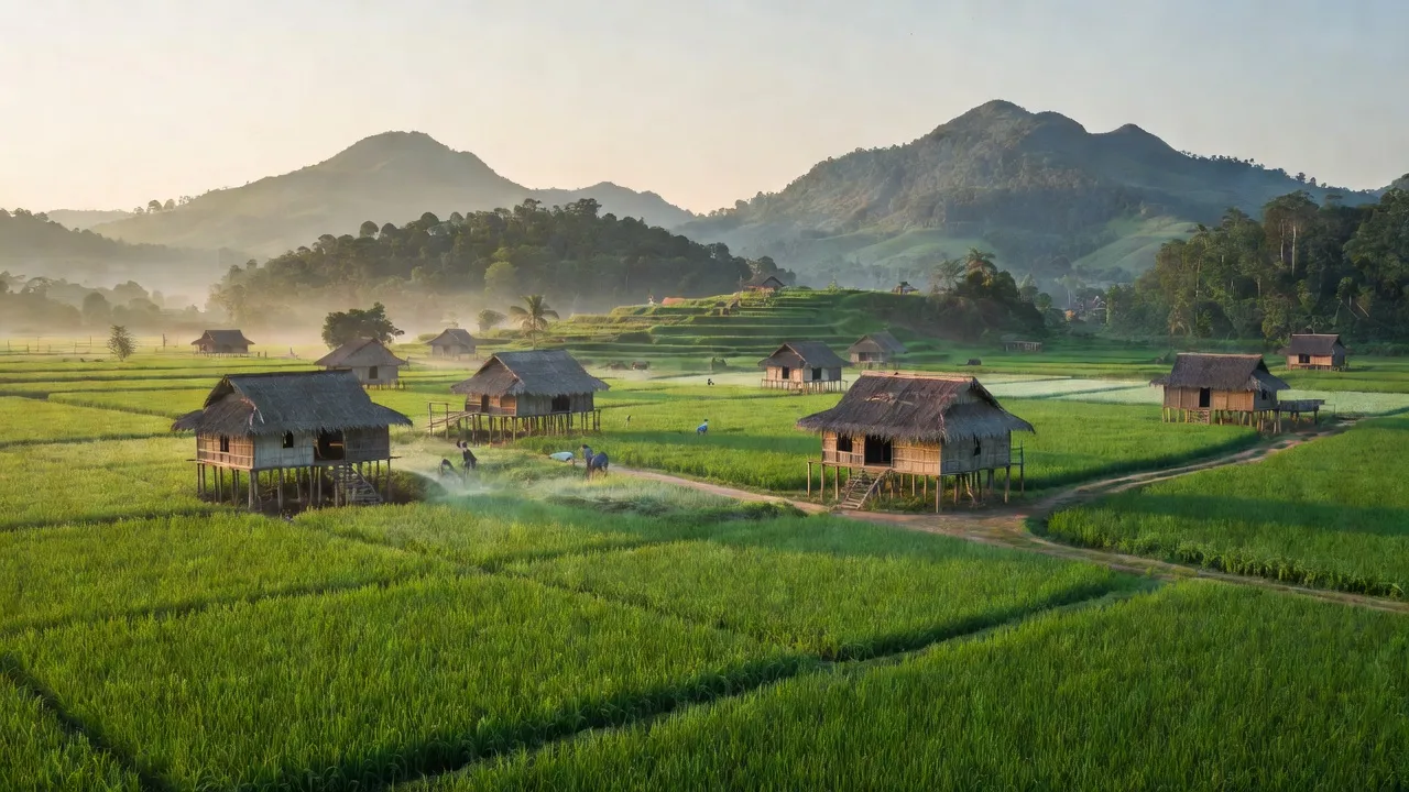 Cảnh đẹp xã Hòa Phong, huyện Krông Bông, Đắk Lắk với nông thôn xanh tươi và đồi núi hùng vĩ.