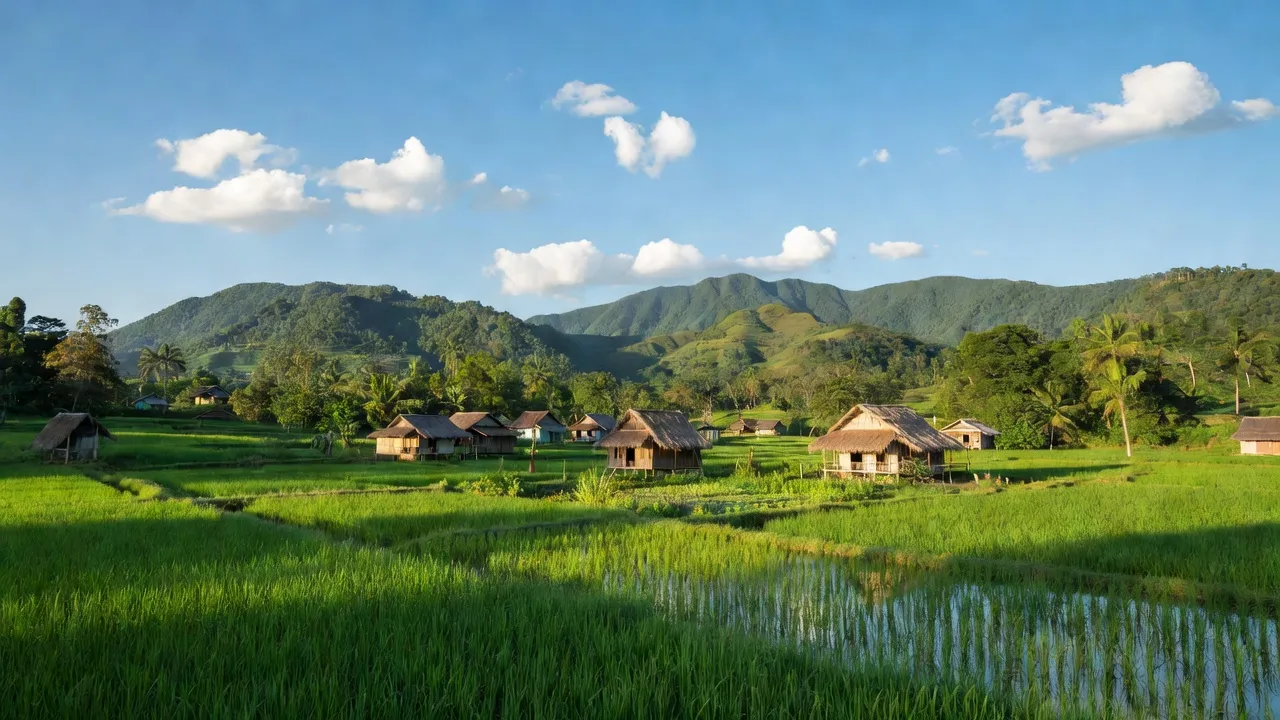 Khung cảnh hữu tình xã Hòa Phong, huyện Krông Bông, tỉnh Đắk Lắk, với cánh đồng xanh và nhà truyền thống.