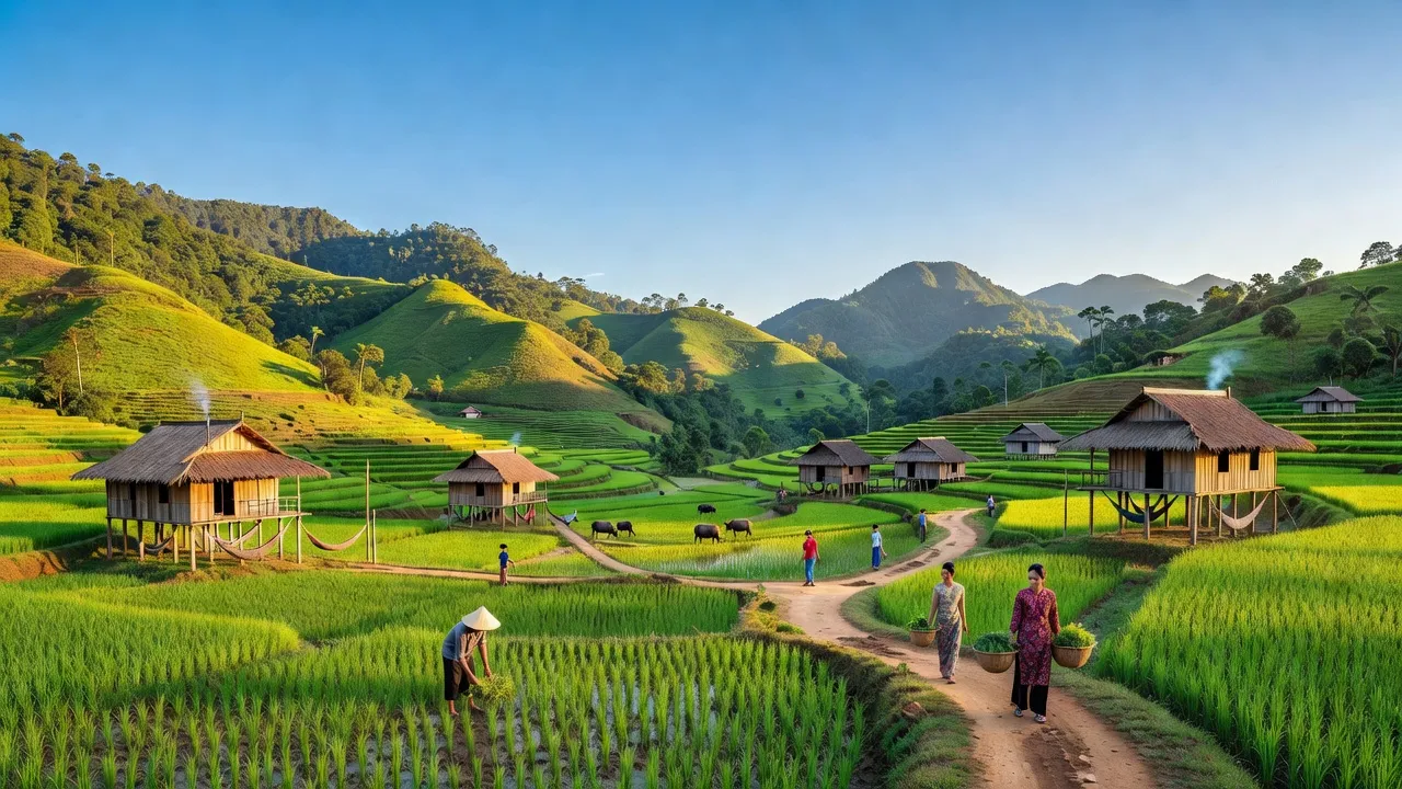 Khung cảnh xã Hòa Sơn, huyện Krông Bông, tỉnh Đắk Lắk với đồi núi và ruộng bậc thang.