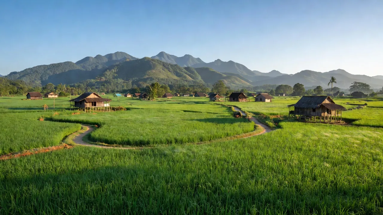 Cảnh đẹp xã Hòa Thành huyện Krông Bông Đắk Lắk, cánh đồng xanh và núi non hùng vĩ.