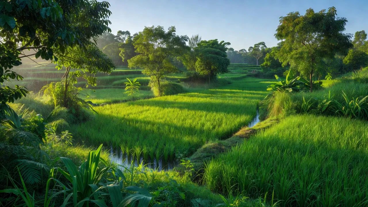 Cảnh đồng quê xanh mướt ở xã Khuê Ngọc Điền, huyện Krông Bông, tỉnh Đắk Lắk.