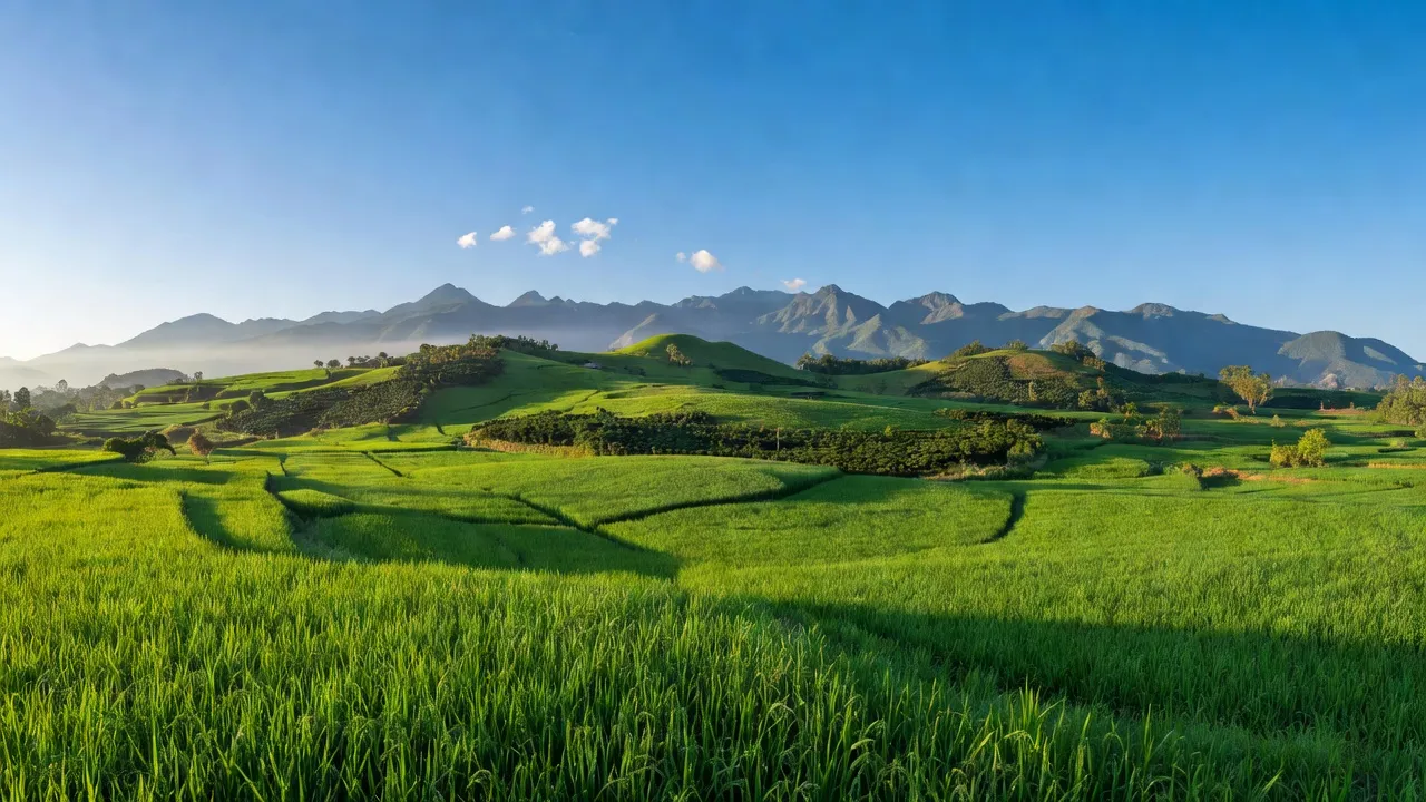 Cảnh quan xã Khuê Ngọc Điền, huyện Krông Bông, Đắk Lắk với đồng ruộng xanh và núi đồi.