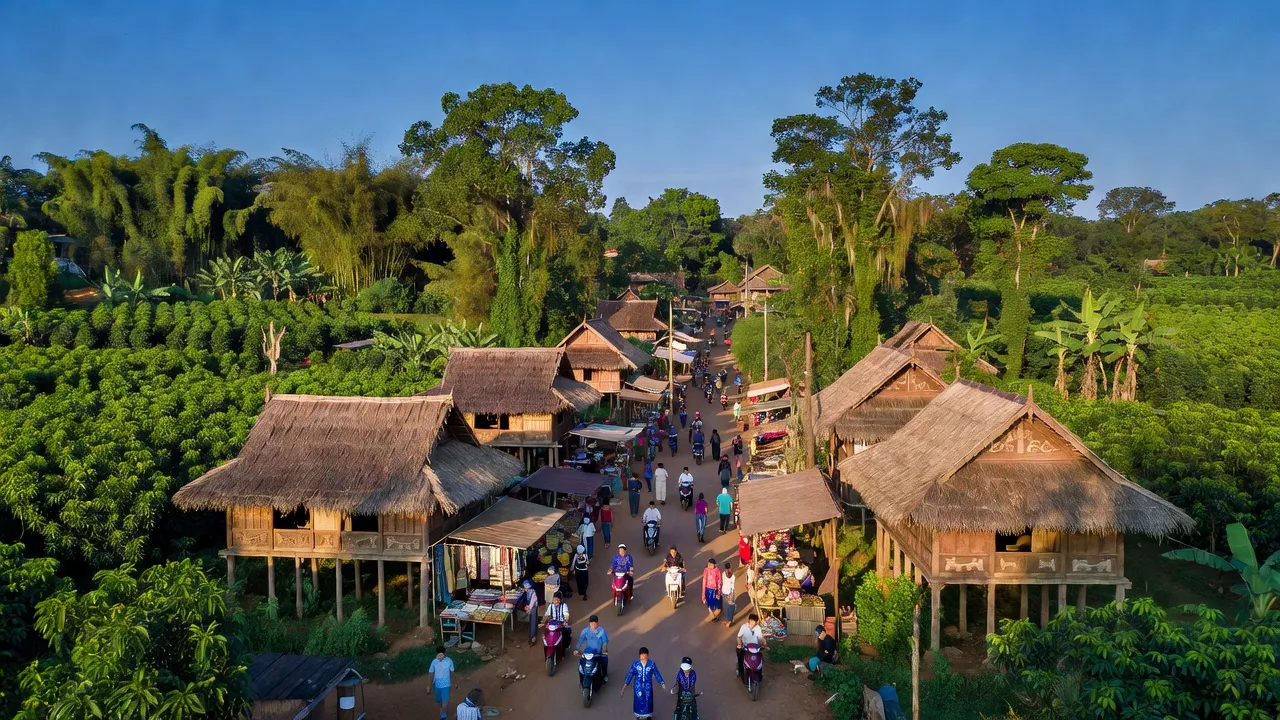 Khung cảnh thị trấn Krông Kmar, huyện Krông Bông, Đắk Lắk với nhà truyền thống và cây xanh.
