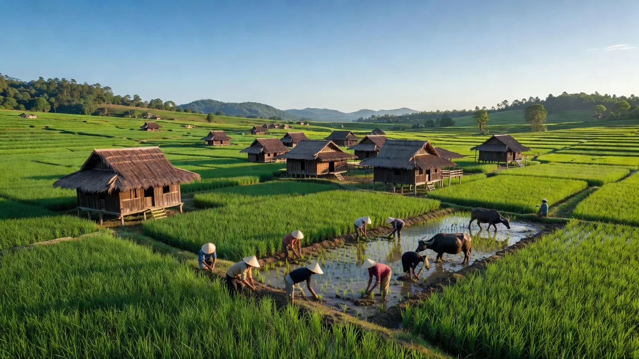 Khung cảnh xã Yang Reh tại huyện Krông Bông, tỉnh Đắk Lắk với đồng xanh và nhà sàn truyền thống.