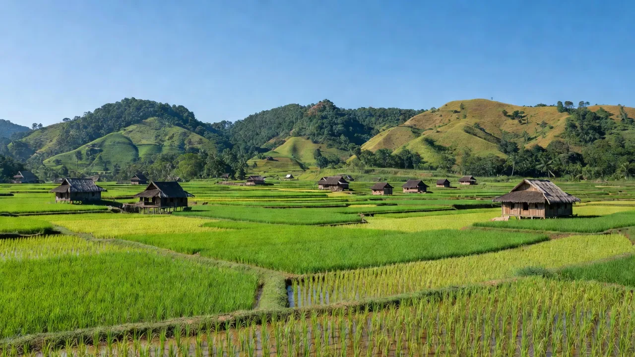 Khung cảnh huyện Krông Búk, Đắk Lắk với cánh đồng lúa xanh mướt và những ngôi nhà truyền thống.