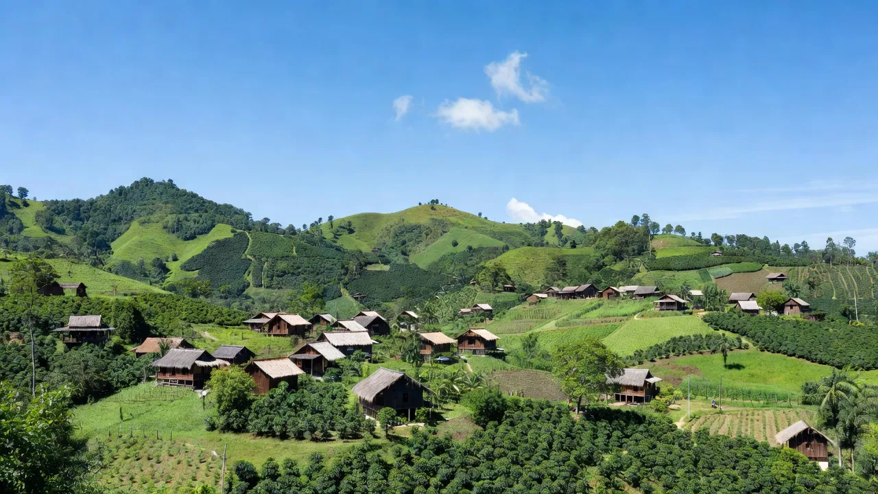 Khung cảnh xã Chư KBô, huyện Krông Búk, tỉnh Đắk Lắk với các dãy núi xanh và nhà sàn truyền thống.