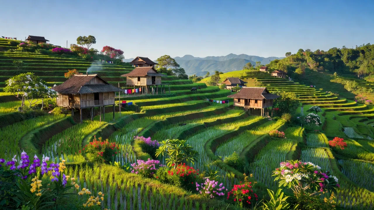Cảnh đẹp xã Cư Pơng, huyện Krông Búk với ruộng bậc thang và nhà sàn truyền thống.