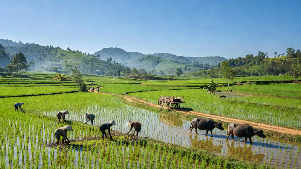 Cảnh quan xã Cư Pơng, huyện Krông Búk, tỉnh Đắk Lắk với ruộng xanh và hoạt động nông nghiệp.