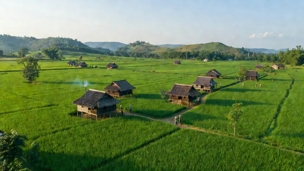 Khung cảnh xã Ea Ngai, huyện Krông Búk, Đắk Lắk với cánh đồng xanh mát và nhà truyền thống.