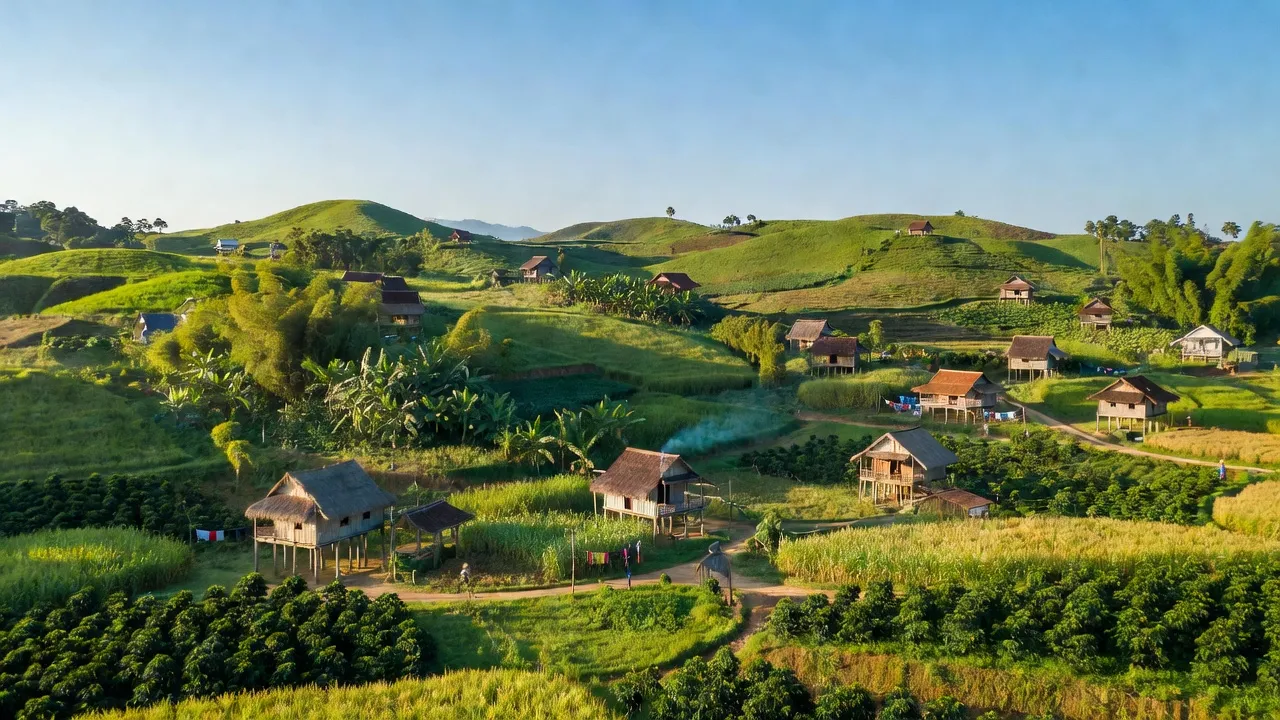 Pey landscape of Ea Ngai commune, Krông Búk district, Đắk Lắk, showcasing lush hills and local architecture.