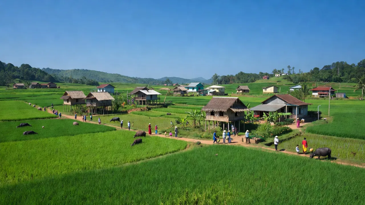 Cảnh đẹp thị trấn Pơng Drang, huyện Krông Búk, Đắk Lắk với cánh đồng xanh và nhà cửa.