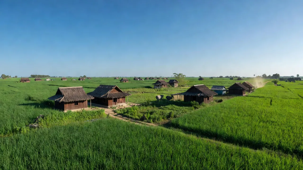 Khung cảnh thị trấn Pơng Drang, huyện Krông Búk, tỉnh Đắk Lắk với nhà truyền thống và cánh đồng xanh.