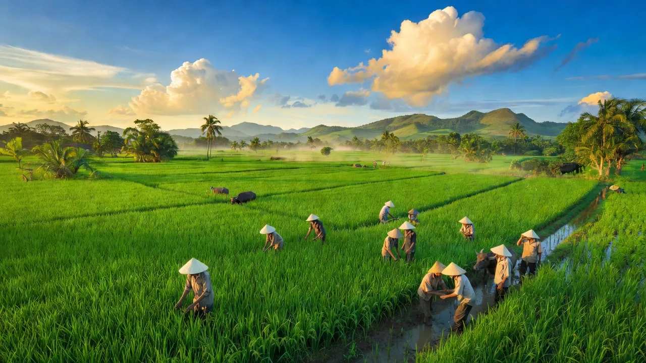 Cảnh quan xã Tân Lập, huyện Krông Búk, tỉnh Đắk Lắk với cánh đồng và núi xanh tươi.