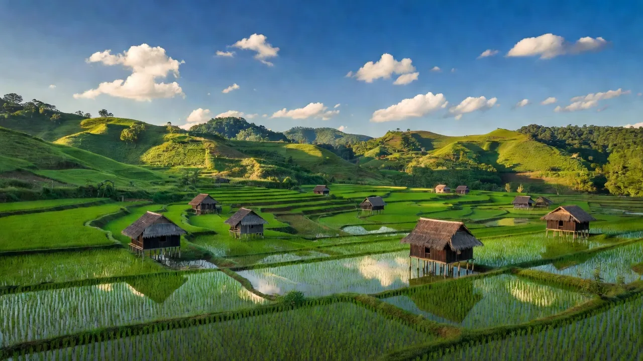 Toàn cảnh huyện Krông Năng, Đắk Lắk với ruộng xanh, nhà sàn truyền thống và bầu trời trong trẻo.
