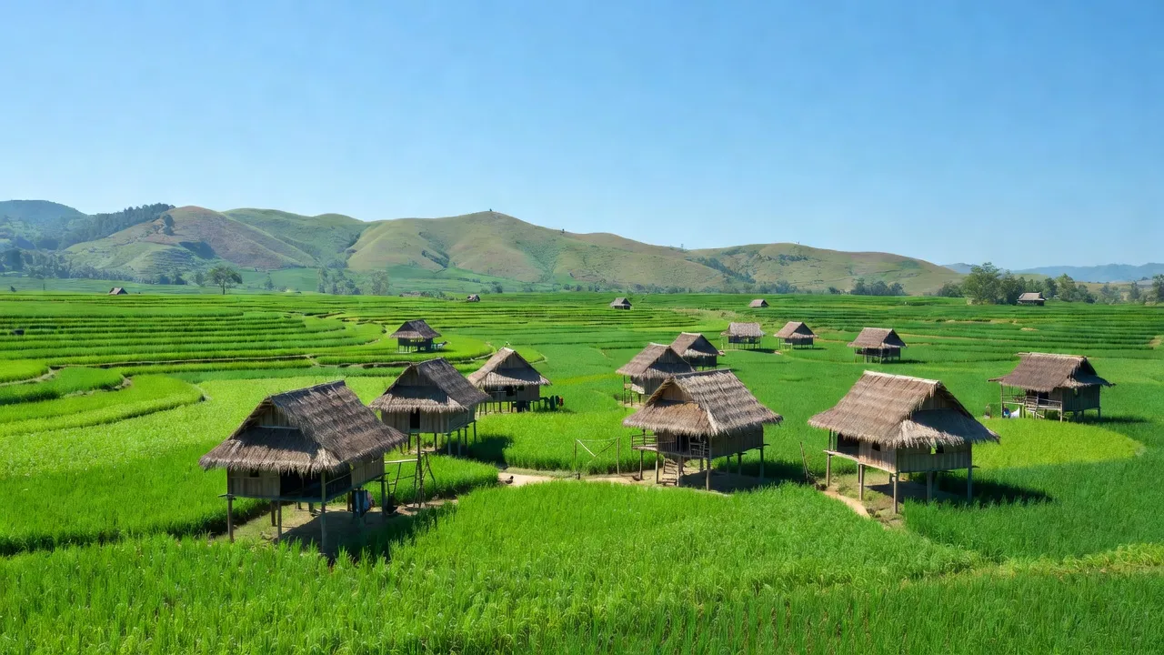 Cảnh đẹp xã Cư Klông huyện Krông Năng Đắk Lắk với ruộng xanh và nhà sàn truyền thống.