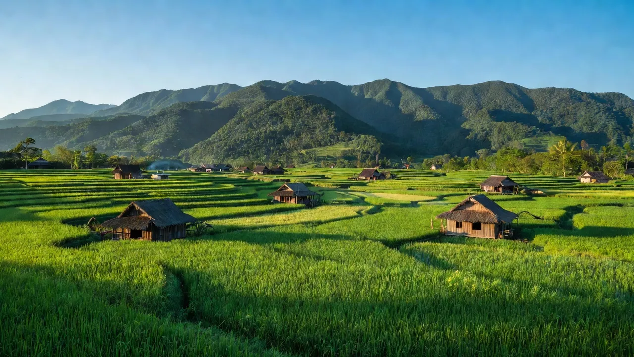 Khung cảnh thơ mộng xã Cư Klông, huyện Krông Năng, tỉnh Đắk Lắk với đồng lúa xanh mướt.