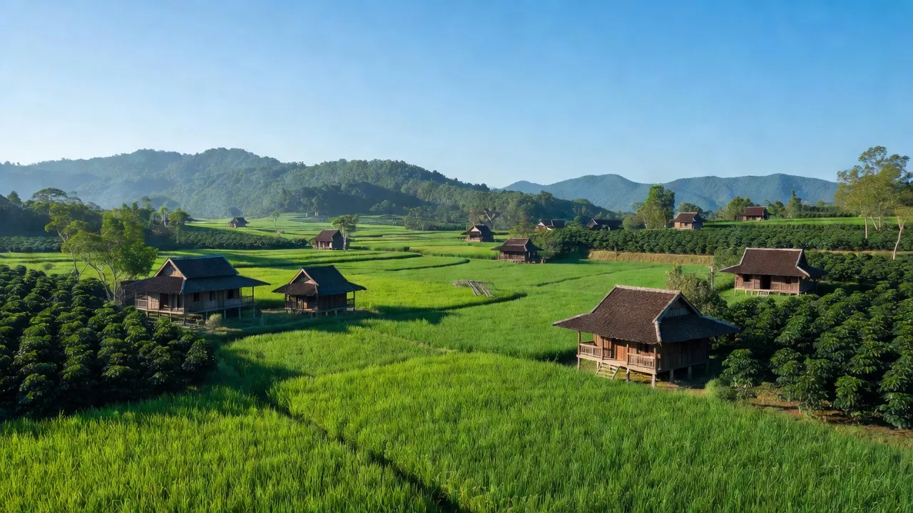 Khung cảnh yên bình xã ĐLiê Ya, huyện Krông Năng, Đắk Lắk với đồng xanh và nhà gỗ truyền thống.