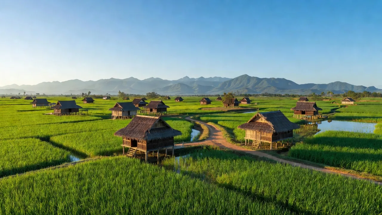 Cảnh đẹp xã Ea Dăh, huyện Krông Năng, tỉnh Đắk Lắk với cánh đồng xanh, nhà truyền thống.