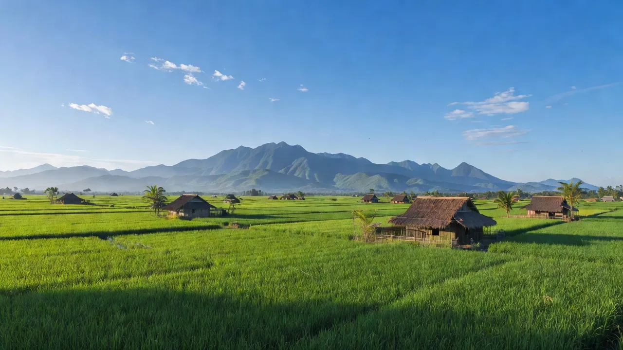 Khung cảnh đồng ruộng tại xã Ea Dăh, huyện Krông Năng, tỉnh Đắk Lắk, hòa quyện thiên nhiên tươi đẹp.