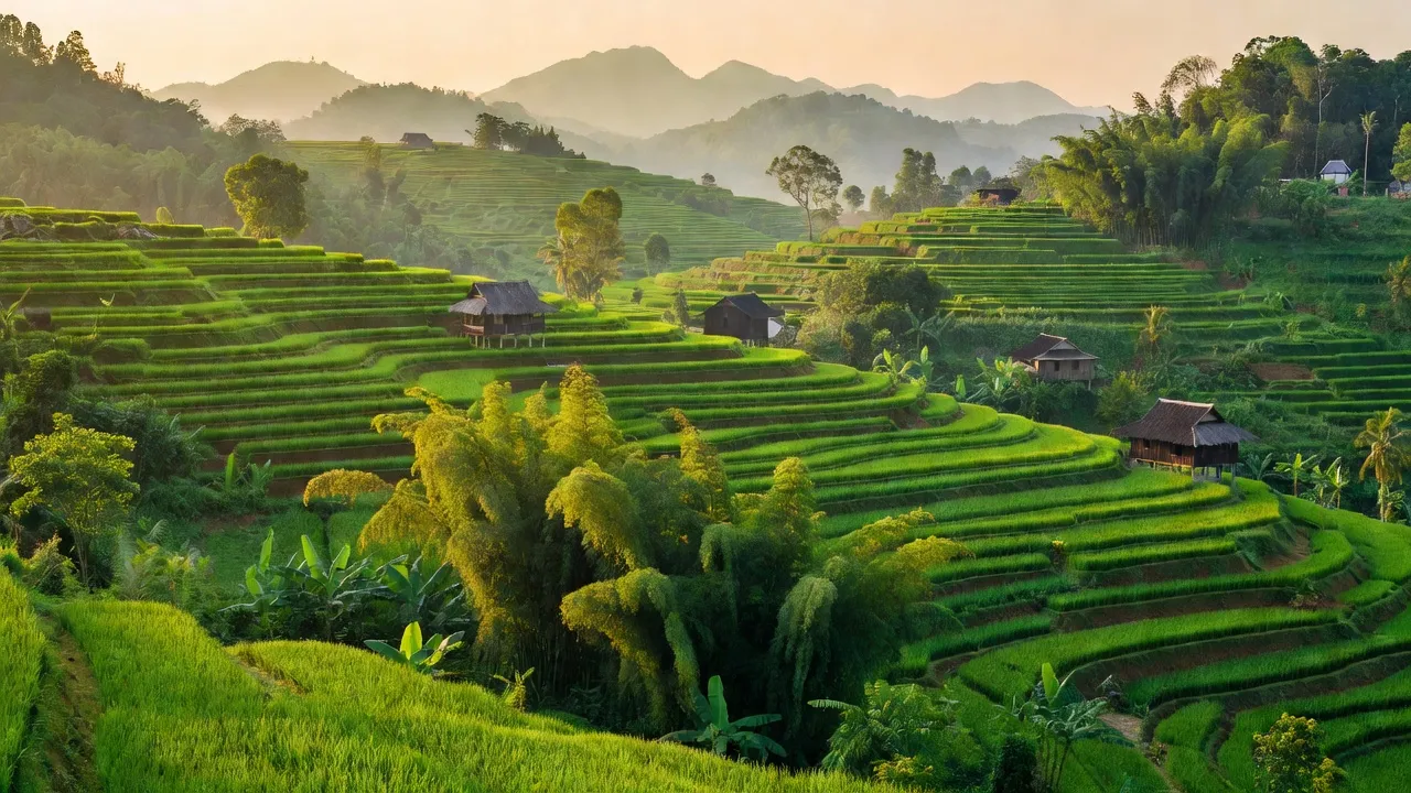 Cảnh quan xã Ea Hồ, Krông Năng, Đắk Lắk với ruộng bậc thang và nhà truyền thống.